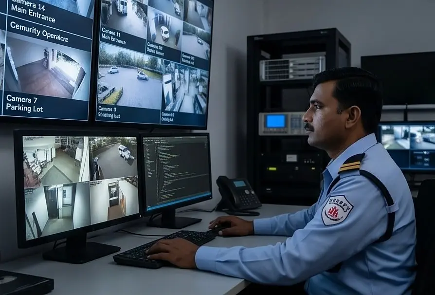 Illustrative CCTV monitoring room with a uniformed operator watching live camera feeds