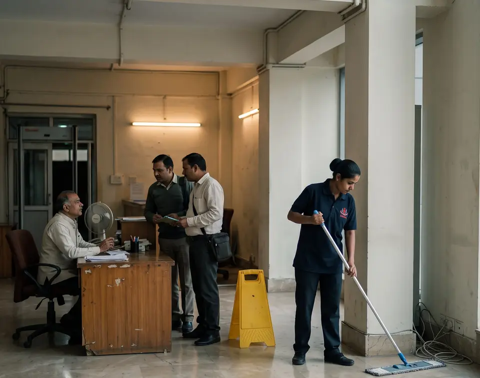 Illustrative facility management setting: uniformed housekeeping staff cleaning an office corridor