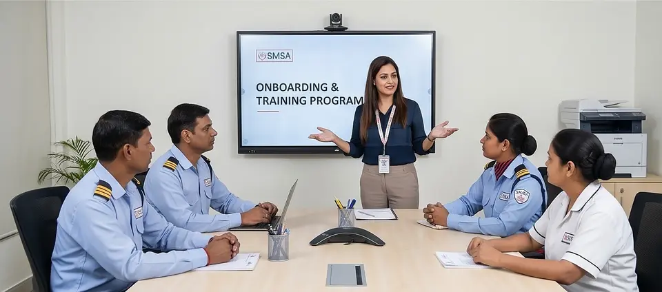 Illustrative onboarding session for newly placed SMSA staff in a meeting room