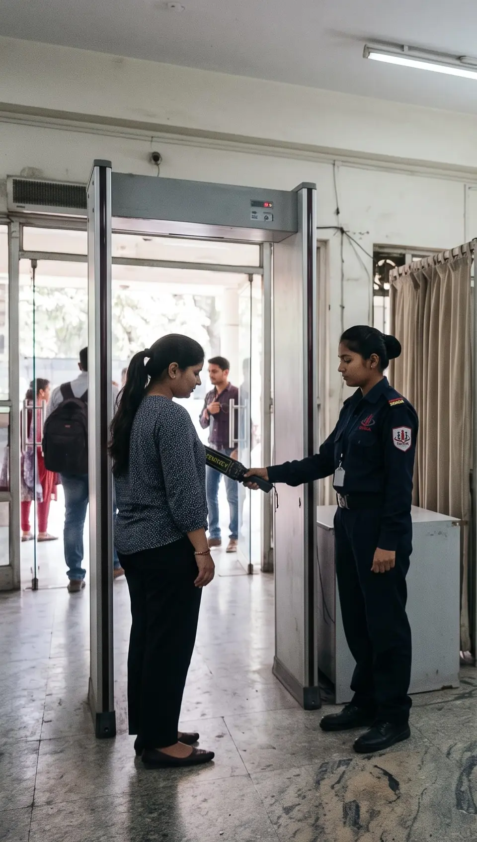 Illustrative setting: woman security guard conducting frisking at an access point